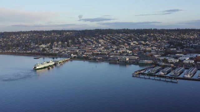 Washington State Ferry At Dock In Edmonds, Washington Drone Aerial View
