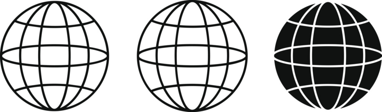 Globe wireframe spheres vector illustration, world grid icon design, global planet artwork, geography concept background set