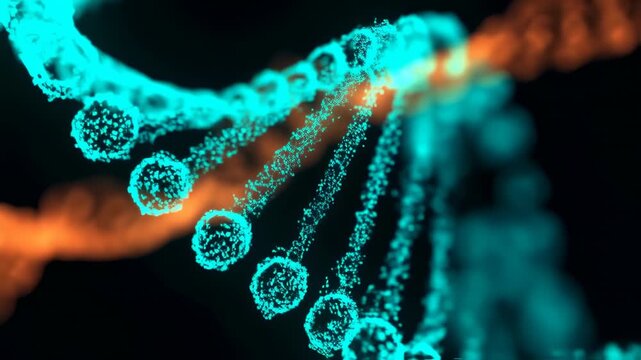 DNA helix rotating with glowing particles