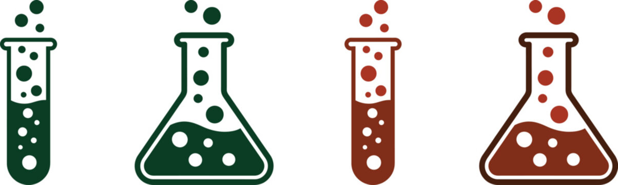 Set of laboratory glassware icons with chemical reaction bubbles