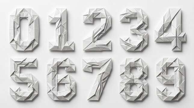 Complex geometric origami number digits made of white paper