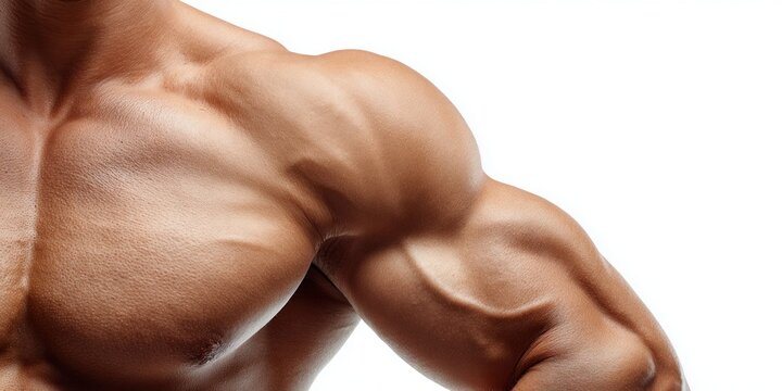 Close-up of a well-defined muscular male shoulder and bicep on white background