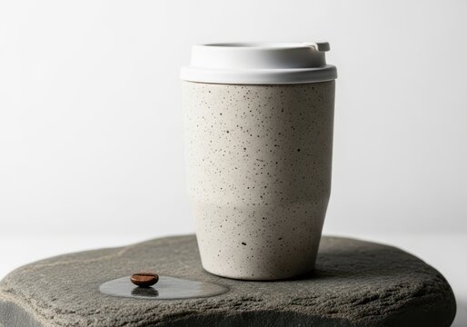 Speckled ceramic coffee cup with lid on a stone surface