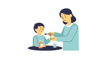 Obraz premium A mother gives liquid medicine from a spoon to her sick young son, who looks unwell while sitting at a table with a glass of water.
