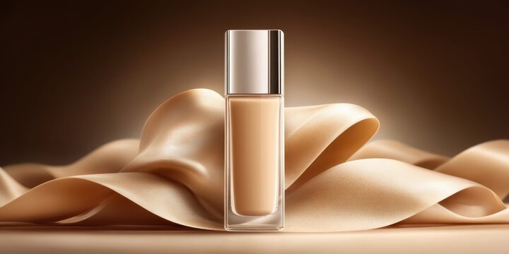 Elegant foundation bottle elegantly draped with flowing satin ribbons for luxury beauty advertising