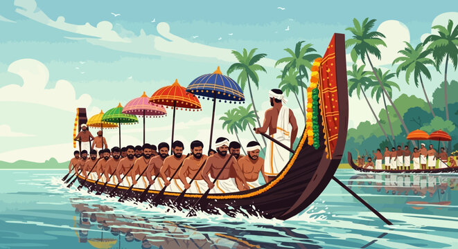 Men rowing traditional snake boat in Kerala backwaters during festival