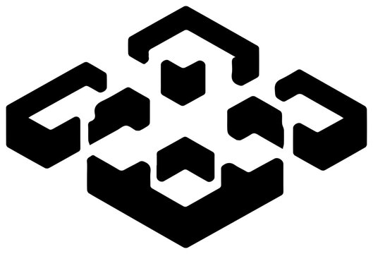 Solid black filled icon of open plan flexible office space with hexagonal modules on white background for business and architecture concepts