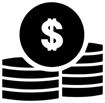 Solid black filled icon of partnership goodwill payment and financial growth with dollar sign on coins stacked in background