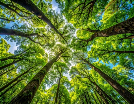 Lush forest canopy with towering trees and sunlight filtering through leaves