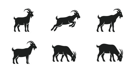 Fototapeta premium Collection of black goat silhouettes in various dynamic and static postures, ideal for agricultural design elements and farm animal illustrations