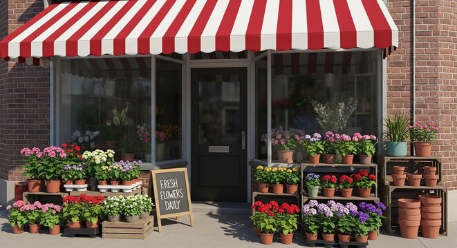 Colorful flower pots arranged outside small wooden storefront with red striped awning