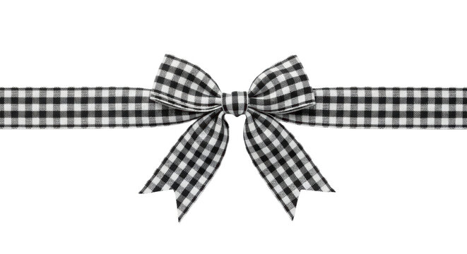 professional photorealistic product still life of a symmetrical black and white gingham ribbon bow border on a seamless high-key white background. concept of elegant gift wrapping