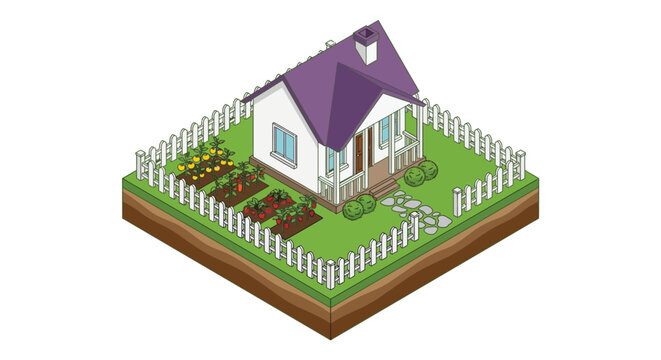 Isometric house with garden and white picket fence illustration