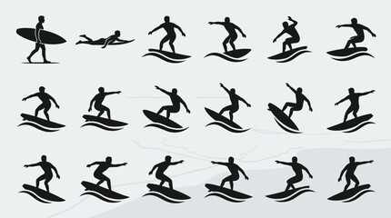 Obraz premium A collection of minimalist flat vector silhouettes of surfers in different surfing poses.