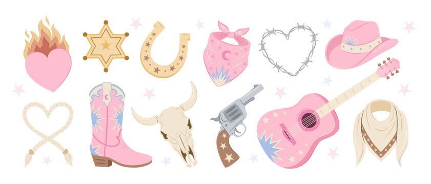 Pink cowgirl elements and western graphics set. Collection of cowboy boot, hat, acoustic guitar, horseshoe, sheriff star, bull skull, and vintage handgun isolated on white background.