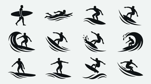 A collection of minimalist flat vector silhouettes of surfers in different surfing poses.