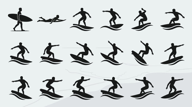 A collection of minimalist flat vector silhouettes of surfers in different surfing poses.