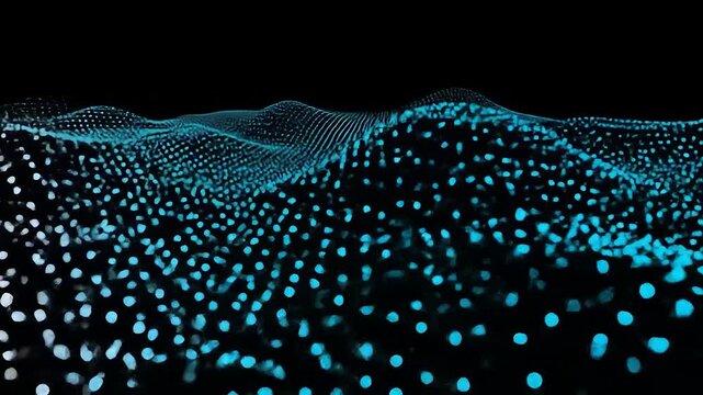 Abstract digital illustration with glowing blue dots forming a 3D landscape