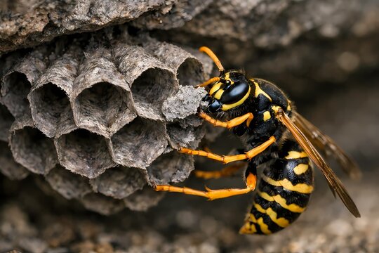 Close up macro shot of a yellow jacket wasp on its honeycomb nest. Sharp focus on insect anatomy makes it perfect for scientific research pest control articles and nature documentaries.