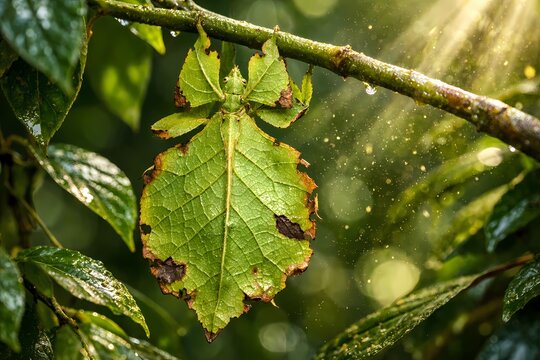 Macro shot of a leaf insect camouflaged on a branch under soft sunlight. High resolution detail makes it suitable for camouflage studies biology textbooks and nature preservation ads.