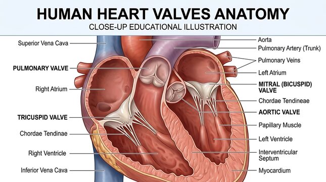 Anatomical illustration of human heart valves and chambers