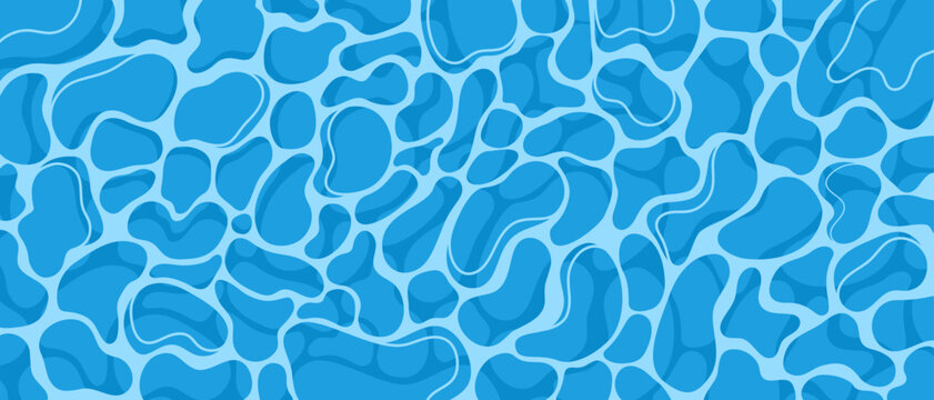 Blue water surface texture with ripple caustic pattern. Top view swimming pool background with liquid reflection waves and sea caustics shapes. Summer tropical ocean template.
