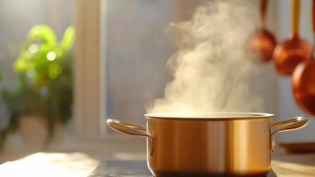 Copper pot boiling on an induction stove with steam rising in a sunlit kitchen