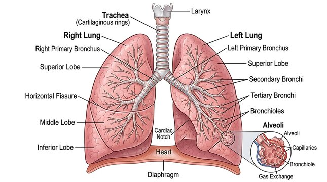 Labeled diagram of human respiratory system anatomy