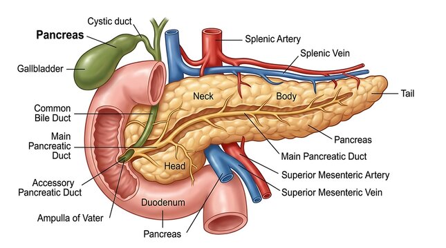 Pancreas anatomy and associated organs diagram with pancreas