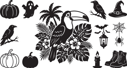 Fototapeta premium Halloween Tropical Toucan Silhouette Vector Graphic Design Elements