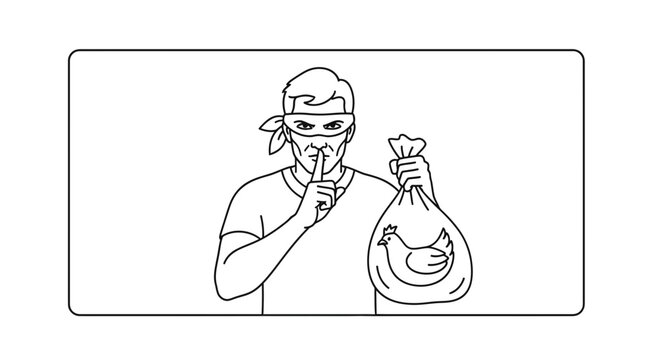 Thief in mask stealing chicken in bag, shushing gesture, secret crime, rural theft concept