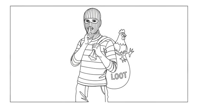 Thief in ski mask steals chicken in loot bag, shushing, funny crime concept