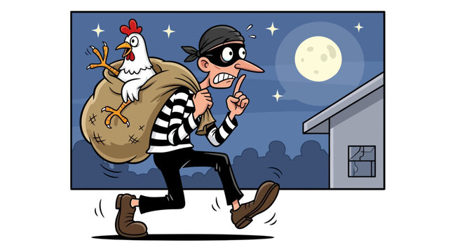 Thief Stealing Chicken at Night Under Full Moon