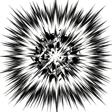 Dynamic Black and White Comic Style Explosion with Manga Speed Lines and Scattered Debris.