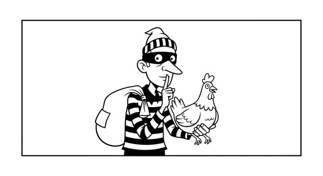 Thief with sack and chicken shushing, cartoon illustration