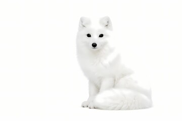 Naklejka premium Elegant arctic fox with white fur sitting against a white background. High resolution image perfect for winter theme designs wildlife conservation and cold climate education media.