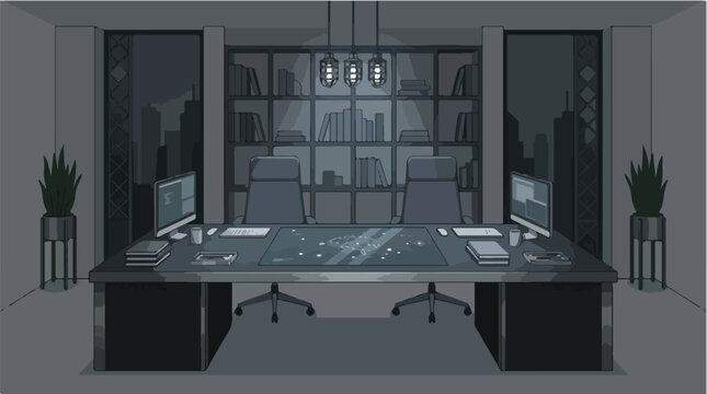 2D vector illustration of a calm minimal workspace in a dark AI dystopian luxury style with a large executive desk monitors and a world map display