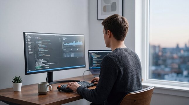 Software developer programming code on dual monitors at desk, web development and application coding workspace with city view window background