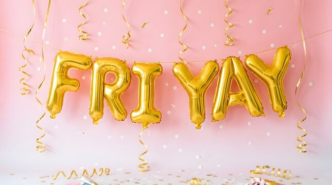 Gold foil balloon letters spelling friyay against a soft pink background, with confetti bits