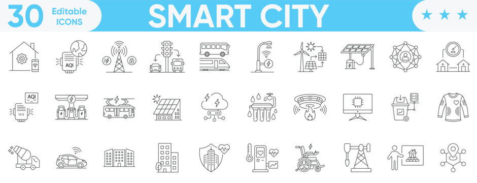 Smart City icon set. Editable stroke. Containing Smart Building, Technology, Infrastructure, Connectivity, Smart Mobility and More. Vector and illustrator.