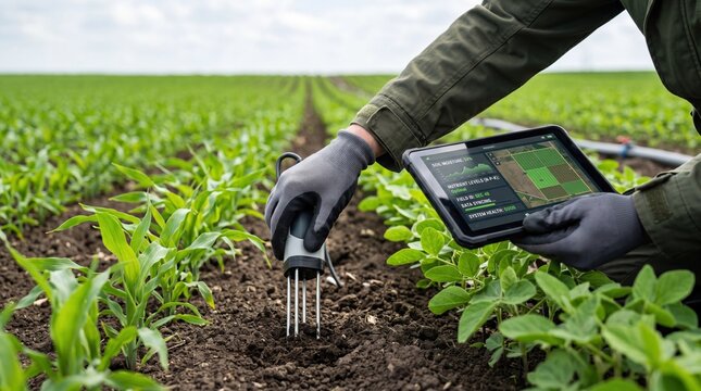 Farmer using digital tablet and soil sensor probe to test nutrient levels in corn field, precision agriculture technology, smart farming data analysis for crop optimization and