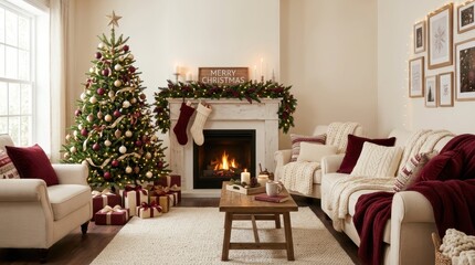 Fototapeta premium Cozy Christmas living room with decorated tree and fireplace, festive holiday decor
