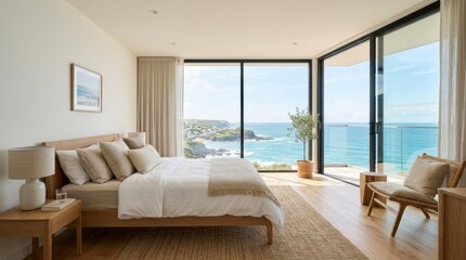 Fototapeta premium Serene bedroom with breathtaking ocean views and coastal village scenery