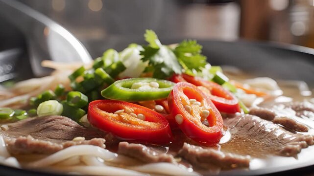 Delicious Vietnamese Pho Soup with Beef and Fresh Vegetables.