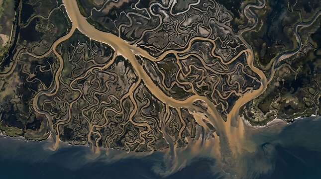 Satellite view of winding river delta channels entering the ocean with satellite