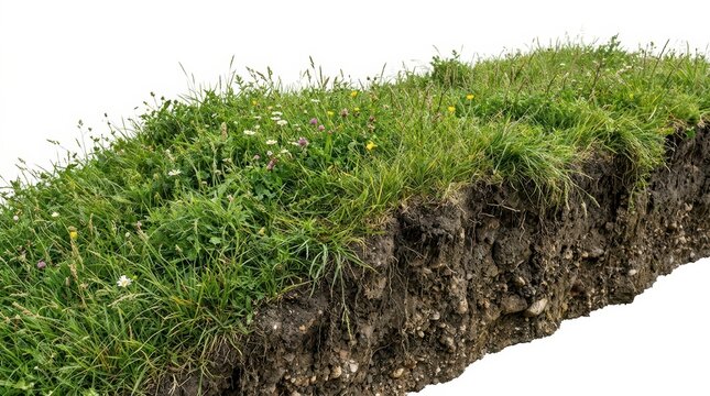 Green grass patch with soil cross section, lush garden turf on brown earth ground, isolated meadow sod layer for landscaping design
