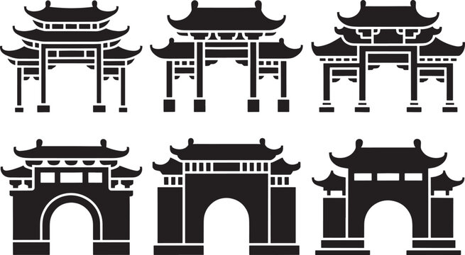 Six different chinese gates in black color, different asian style building entrance architectural.