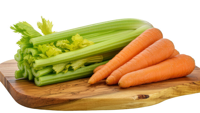 Fresh green celery stalks and orange carrots on a wooden cutting board, isolated on transparent background