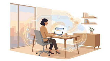 Fototapeta premium 2D vector illustration of a professional woman working on a laptop in a calm minimal workspace with futuristic AI data visualization overlay