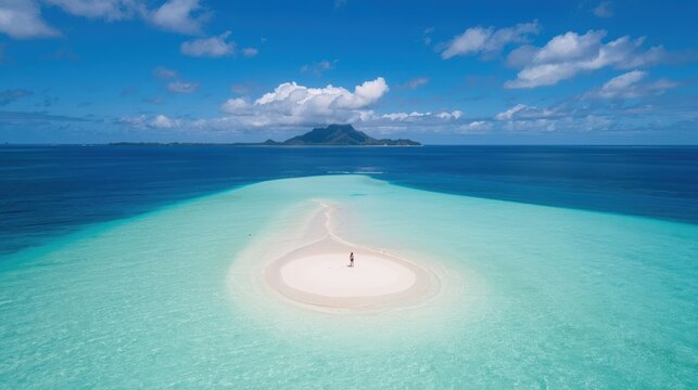 A lone person standing on a tiny tropical sandbank surrounded by clear turquoise ocean water and a blue sky with distant island mountains on the horizon
